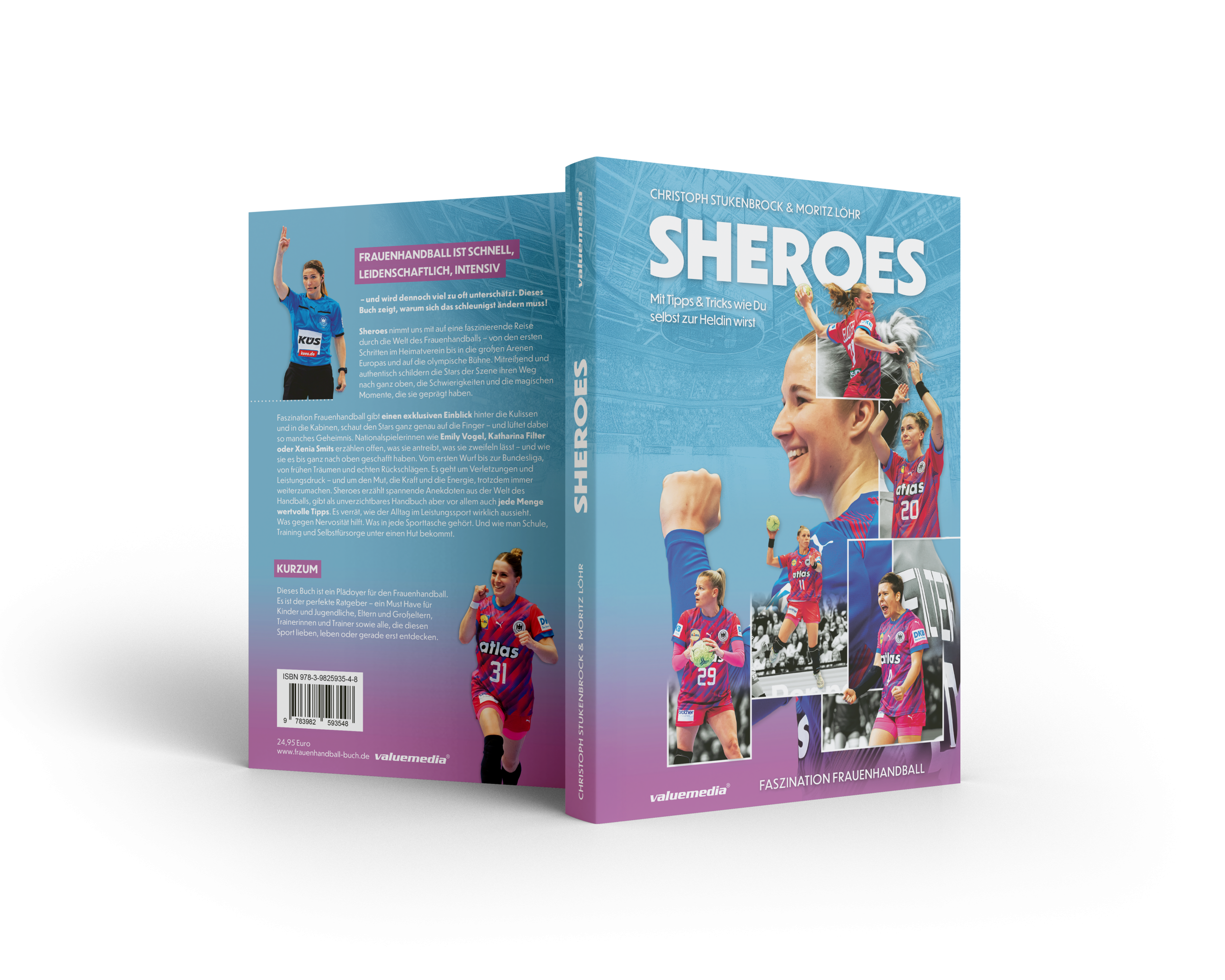 Sheroes das Buch – Vorder- und Rückseite stehend in leichter Perspektive fotografiert