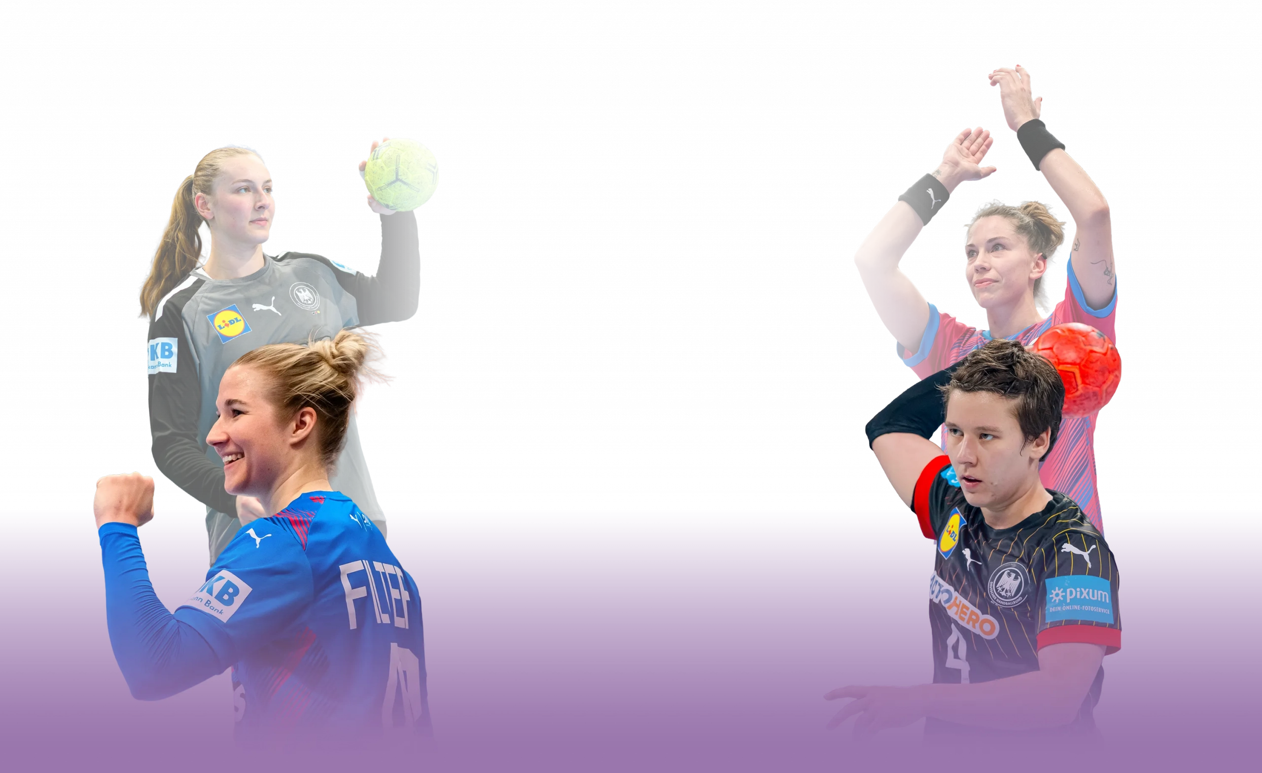 Spielerinnen des Deutschen Handball Bunds in Aktion (links: Kathi Filter und Viola Leuchter, rechts: Emily Bölk und Alina Grijseels)